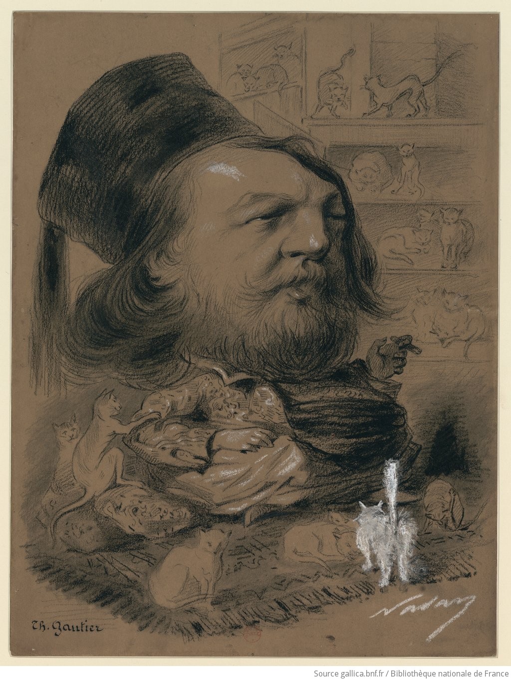 Th. Gautier : caricature, assis en tailleur, entouré de chats par Nadar. 1858